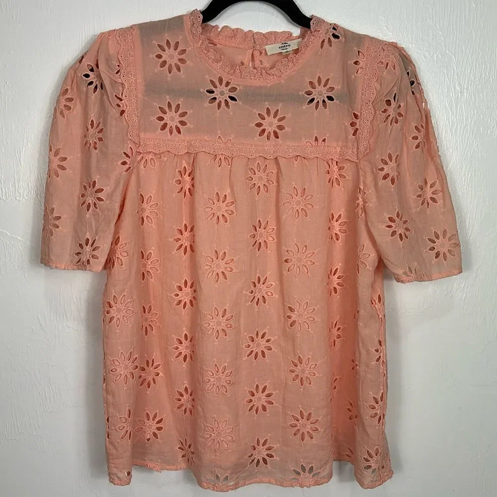 Entro Cotton Eyelet Embroidered Short Sleeve Top Blouse In Peach Size M - Picture 2 of 10